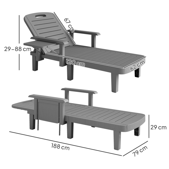  Set 2 sezlonguri cu Spatar Reglabil in 5 Pozitii, Masuta si Brate Ergonomice, 79x158x88 cm, Gri [3]
