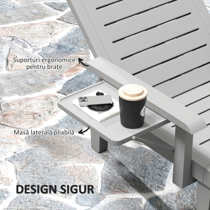  Set 2 sezlonguri cu Spatar Reglabil in 5 Pozitii, Masuta si Brate Ergonomice, 79x158x88 cm, Gri [5]