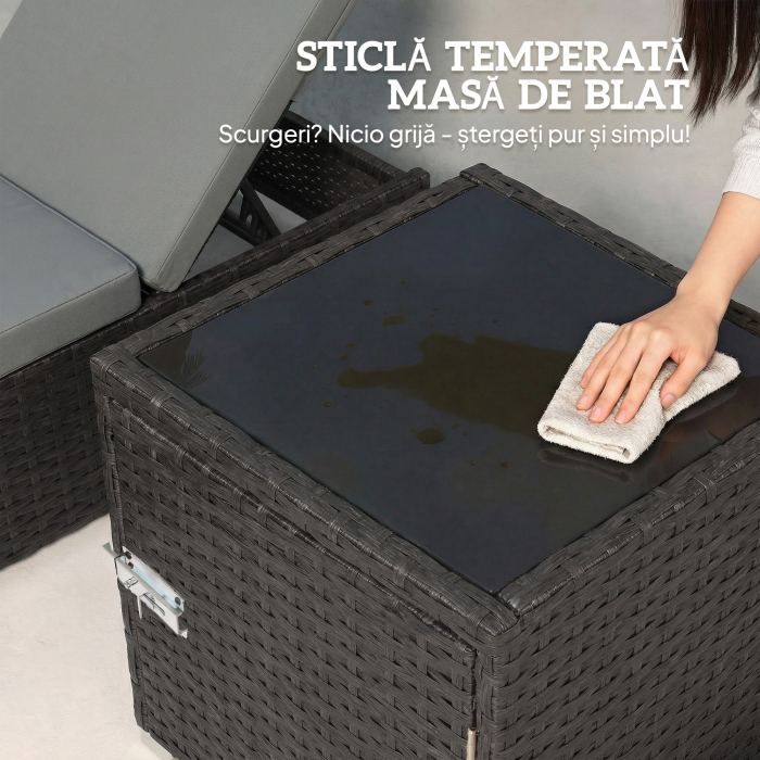  Set 2 sezlonguri de Gradina din Ratan cu Masuta Laterala si Spatar Reglabil, 184x60x22 cm, Gri inchis [6]