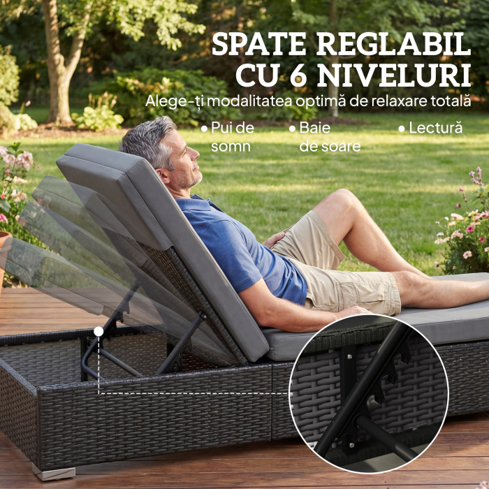  Set 2 sezlonguri de Gradina din Ratan cu Masuta Laterala si Spatar Reglabil, 184x60x22 cm, Gri inchis [4]