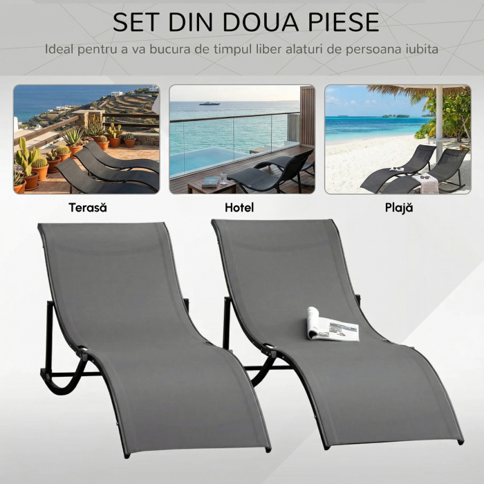  Set 2 sezlonguri de Gradina Pliabile, sezlong pentru Plaja din Aluminiu si Textilen, 61x165x63 cm [7]