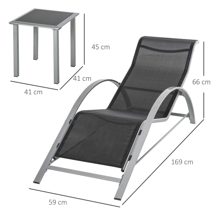 Set 2 Sezlonguri de Gradina si 1 Masuta cu Raft din Sticla Negru [3]