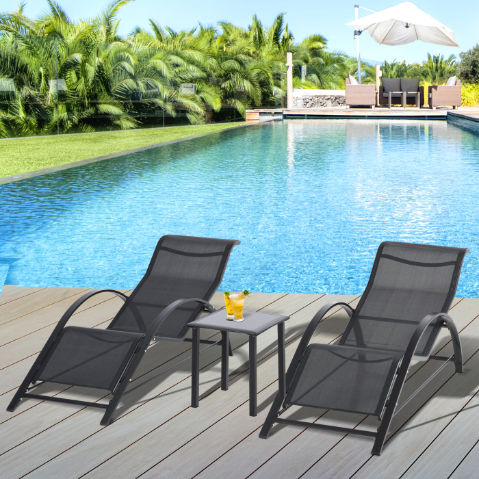  Set 2 sezlonguri de Gradina si Masuta cu Raft, Material Respirabil si Cadru Metalic, 59x169x66 cm, Negru [2]
