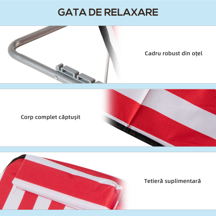  Set 2 sezlonguri de Plaja cu Spatar Reglabil in 5 Pozitii, Tetiera si Geanta de Transport, 124x53x45 cm, Rosu [6]