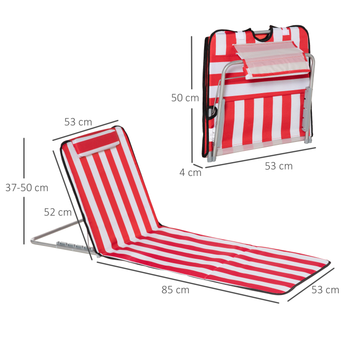  Set 2 sezlonguri de Plaja cu Spatar Reglabil in 5 Pozitii, Tetiera si Geanta de Transport, 124x53x45 cm, Rosu [3]