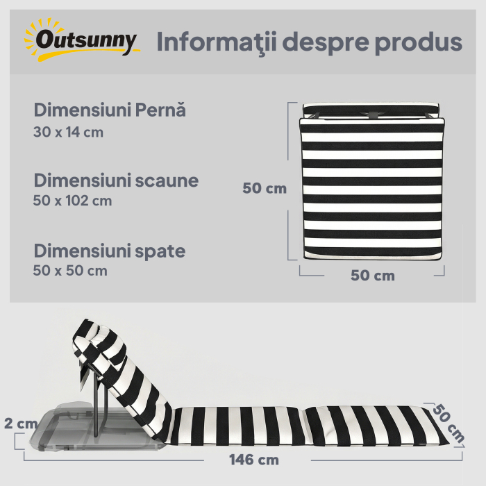  Set 2 sezlonguri de Plaja cu Tetiera Captusita, din Metal si tesatura Oxford, 150x50x2 cm, Gri si Alb [3]