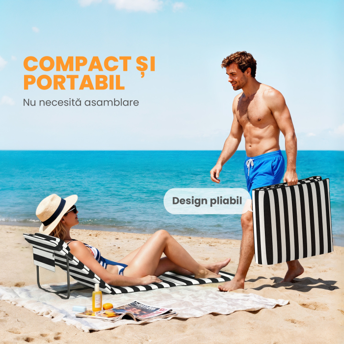 Set 2 sezlonguri de Plaja cu Tetiera Captusita, din Metal si tesatura Oxford, 150x50x2 cm, Gri si Alb [7]