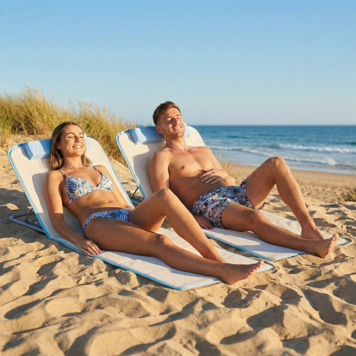  Set 2 sezlonguri de Soare Pliabile cu Spatar Reglabil si Geanta, 48x134x36-45 cm, Bej [2]