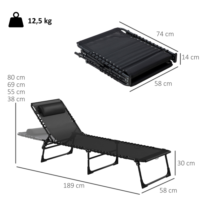  Set 2 sezlonguri din Otel cu Spatar Reglabil, 189x58x30 cm, Negru [3]