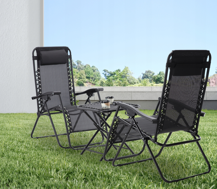 Set 2 sezlonguri pliabile 90x65x110 cm cu masuta 50x50x50 cm, textilene si cadru metalic, negru [8]