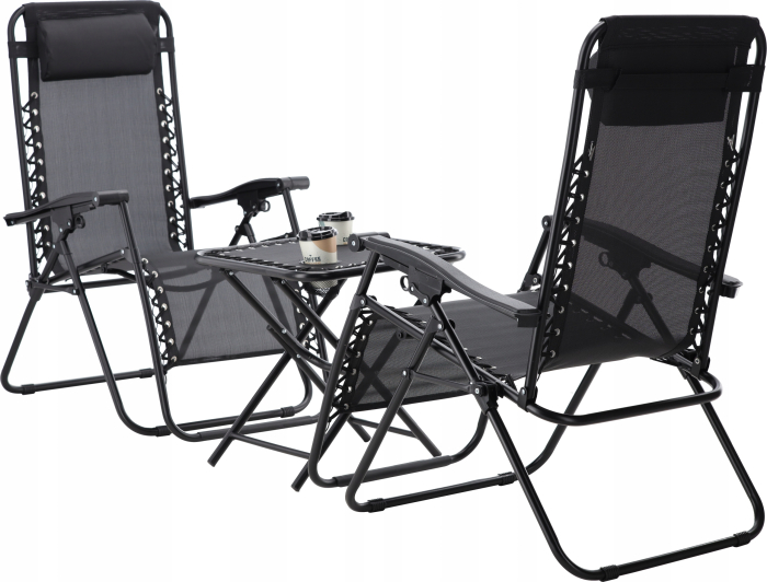 Set 2 sezlonguri pliabile 90x65x110 cm cu masuta 50x50x50 cm, textilene si cadru metalic, negru [10]