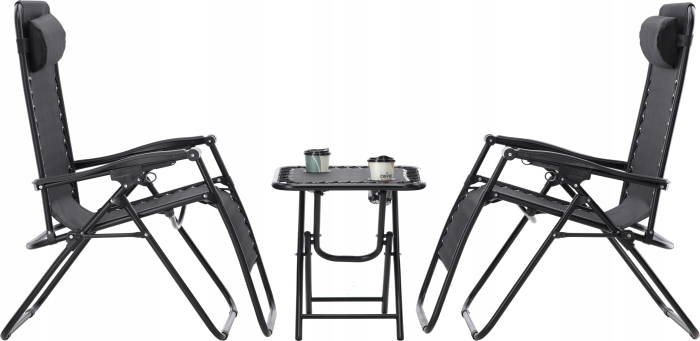 Set 2 sezlonguri pliabile 90x65x110 cm cu masuta 50x50x50 cm, textilene si cadru metalic, negru [9]