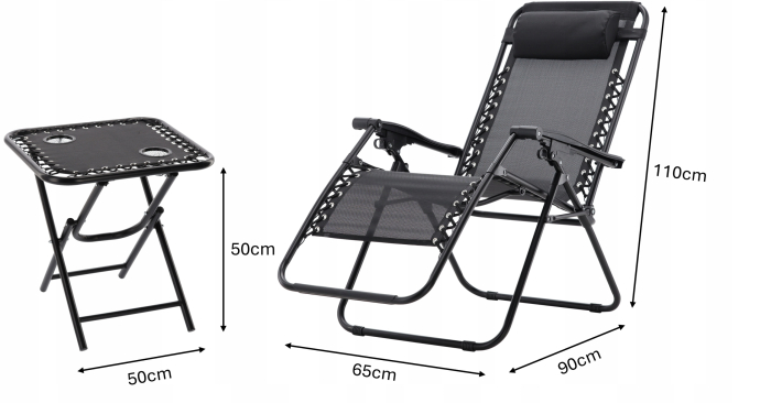Set 2 sezlonguri pliabile 90x65x110 cm cu masuta 50x50x50 cm, textilene si cadru metalic, negru [5]