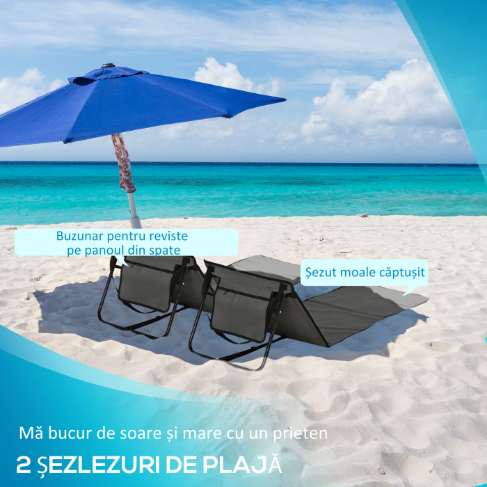  Set 2 sezlonguri Pliabile cu Unghi Reglabil si Buzunar cu Fermoar, 142x51x40 cm, Albastru [4]