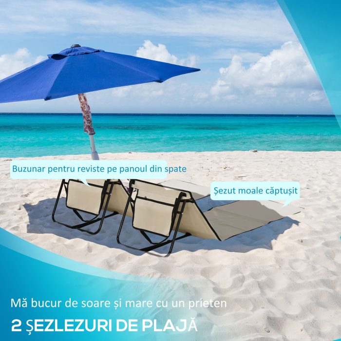  Set 2 sezlonguri Pliabile cu Unghi Reglabil si Buzunar cu Fermoar, 142x51x40 cm, Albastru [4]