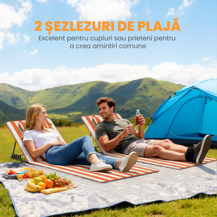  Set 2 sezlonguri Pliabile Portabile pentru Plaja, Spatar Reglabil, Portocaliu. [5]