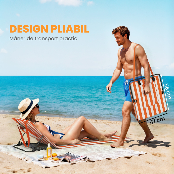  Set 2 sezlonguri Pliabile Portabile pentru Plaja, Spatar Reglabil, Portocaliu. [6]