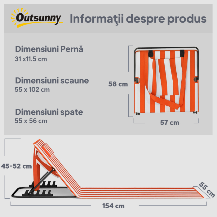  Set 2 sezlonguri Pliabile Portabile pentru Plaja, Spatar Reglabil, Portocaliu. [3]