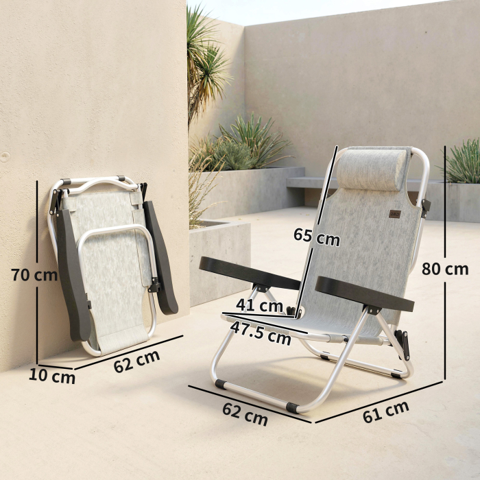 Set  2 sezlonguri Pliabile si Reclinabile pe 4 Pozitii cu Suport pentru Cap, din Aluminiu, 62x61x80 cm, Gri [3]