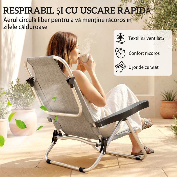 Set  2 sezlonguri Pliabile si Reclinabile pe 4 Pozitii cu Suport pentru Cap, din Aluminiu, 62x61x80 cm, Gri [8]