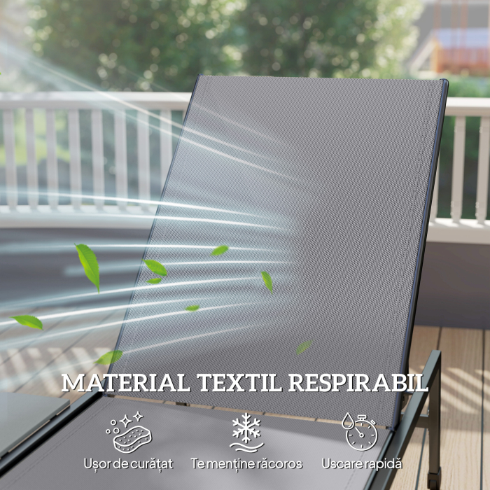  Set 2 sezlonguri Reglabile in 5 Pozitii cu Masuta Laterala si 2 Roti, din Metal si Poliester, Gri [6]