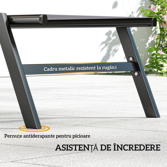  Set 2 sezlonguri Reglabile in 5 Pozitii cu Masuta Laterala si 2 Roti, din Metal si Poliester, Gri [8]