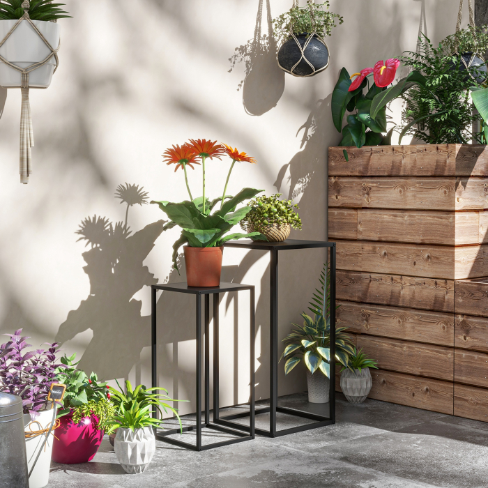  Set 2 suporturi pentru plante din otel pentru interior si exterior, 25x25x58,5 cm si 31x31x65 cm, negru [2]