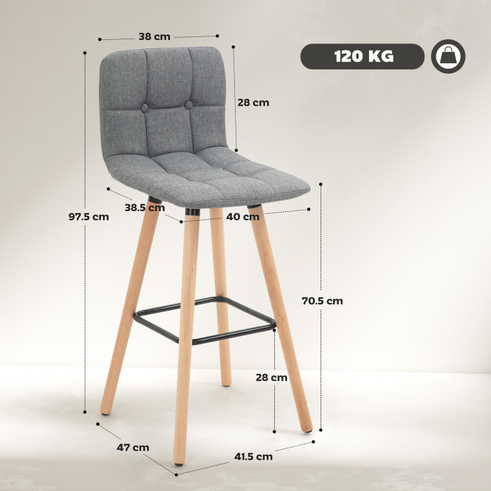  Set 2 Taburete de Bar Capitonate Suport pentru Picioare si Spatar Tesatura si Lemn [3]