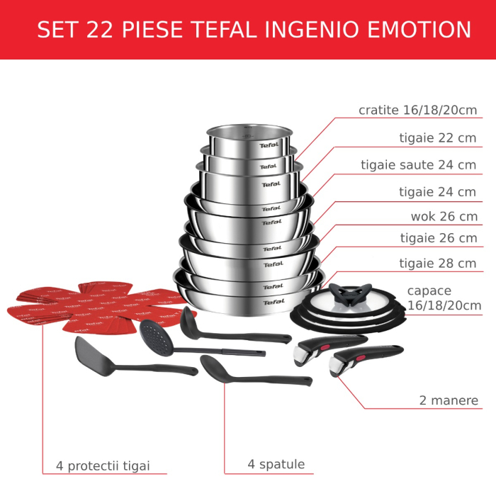 Set 22 piese Tefal Ingenio Emotion L897SM74, cratite 16/18/20 cm, tigai 22/24/26/28 cm, tigaie saute 24 cm, wok 26 cm, capace 16/18/20 cm, 2 manere [2]