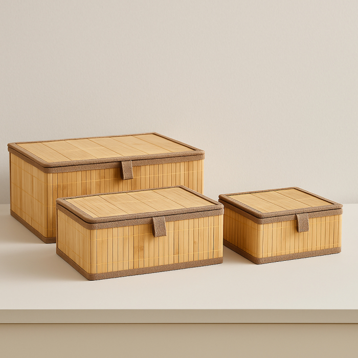 Set 3 cutii dreptunghiulare 5Five din bambus, marimi S-M-L, 32x25x16 cm, natur [7]