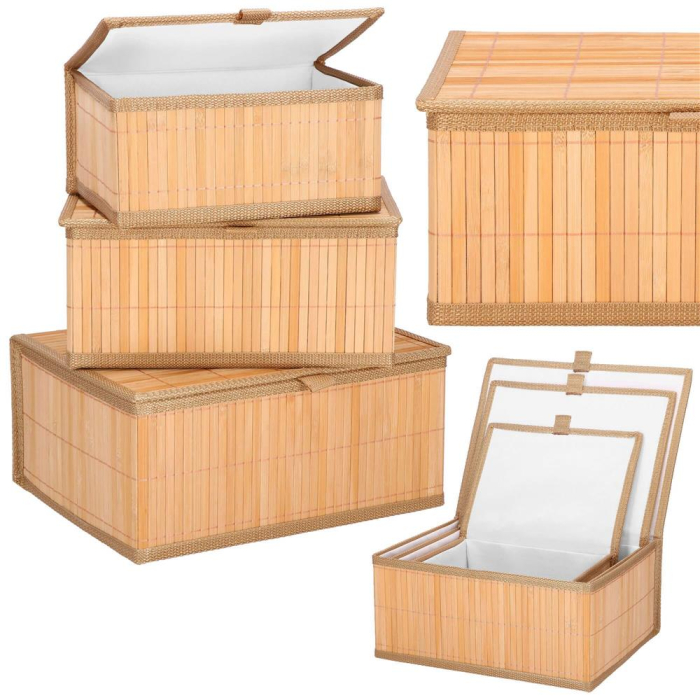 Set 3 cutii organizatoare din bambus, cu capac, diverse dimensiuni, maro [2]