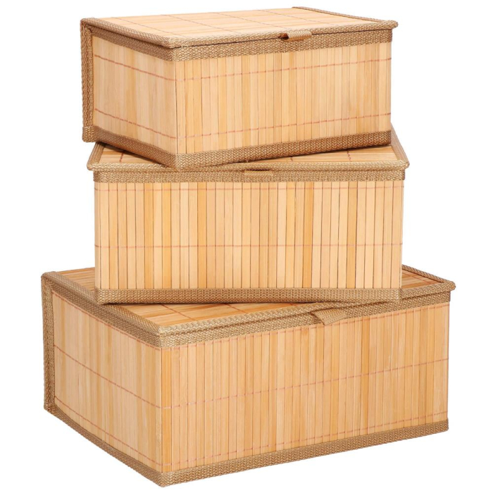 Set 3 cutii organizatoare din bambus, cu capac, diverse dimensiuni, maro [5]
