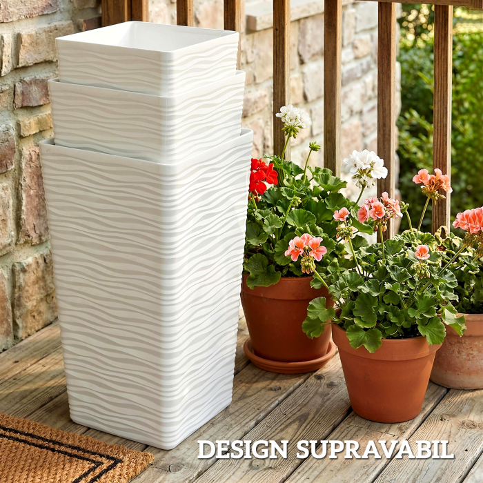  Set 3 Ghivece de Exterior Suprapozabile cu Model Ondulat din Plastic, 42/55/65 cm, Alb [8]