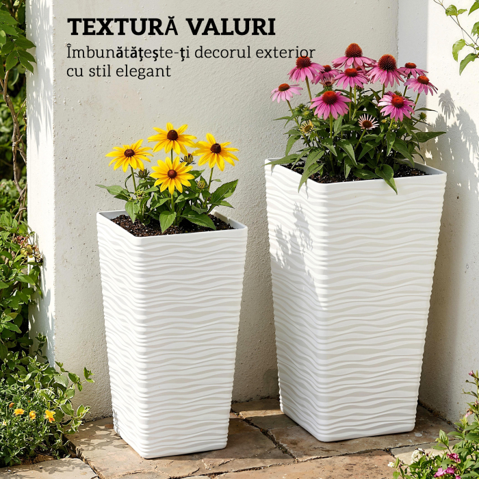  Set 3 Ghivece de Exterior Suprapozabile cu Model Ondulat din Plastic, 42/55/65 cm, Alb [5]