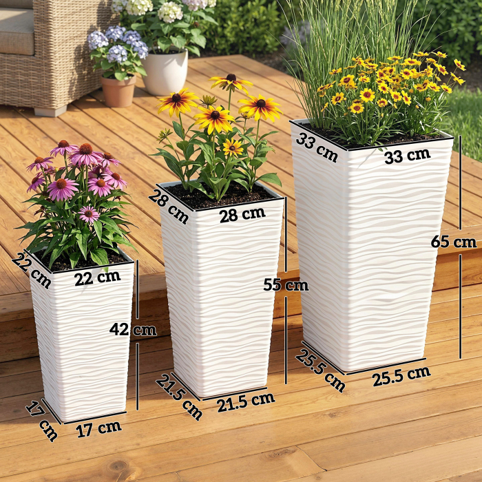  Set 3 Ghivece de Exterior Suprapozabile cu Model Ondulat din Plastic, 42/55/65 cm, Alb [3]