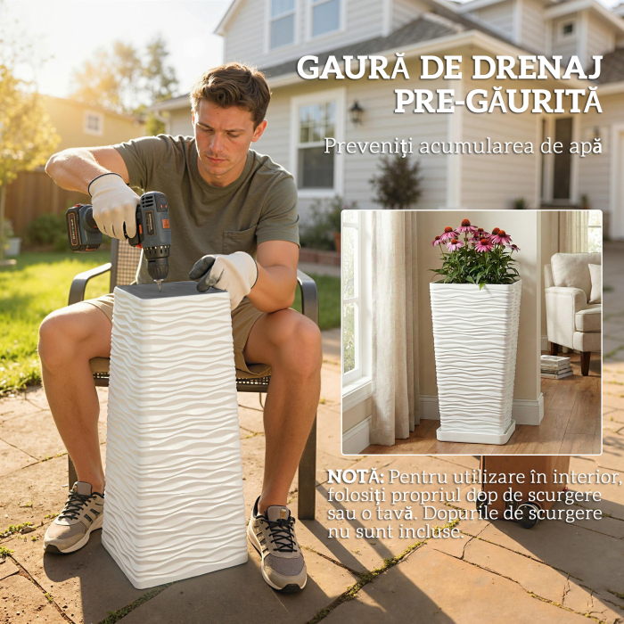  Set 3 Ghivece de Exterior Suprapozabile cu Model Ondulat din Plastic, 42/55/65 cm, Alb [7]