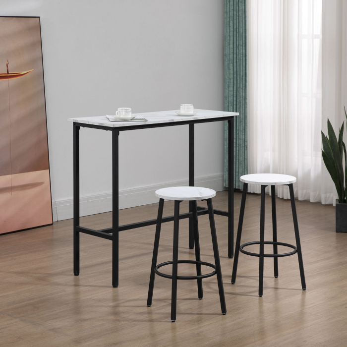  Set 3 Piese cu Masa Dreptunghiulara si 2 Scaune de Bar din PAL, MDF si Otel, Alb-Negru [7]