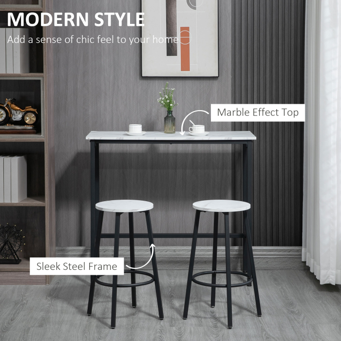  Set 3 Piese cu Masa Dreptunghiulara si 2 Scaune de Bar din PAL, MDF si Otel, Alb-Negru [5]