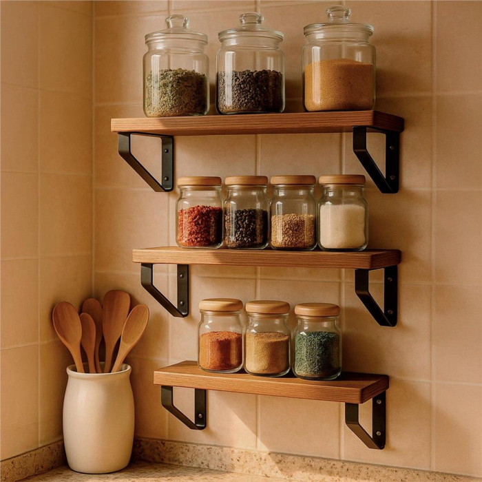 Set 3 rafturi de perete din metal si MDF, 30-35-40x12 cm, negru si maro [8]