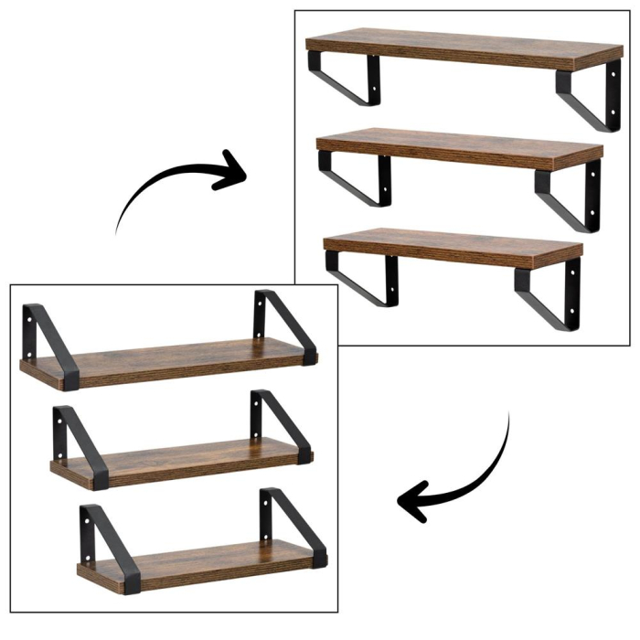 Set 3 rafturi de perete din metal si MDF, 30-35-40x12 cm, negru si maro [20]