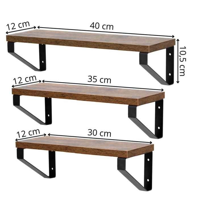 Set 3 rafturi de perete din metal si MDF, 30-35-40x12 cm, negru si maro [19]