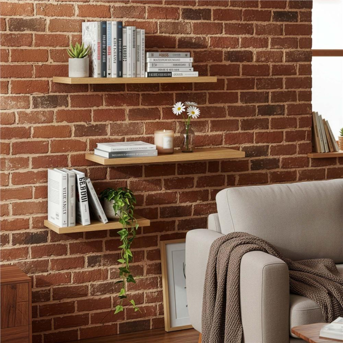 Set 3 rafturi plutitoare perete mdf suport metalic 30 45 60 cm, 15 cm adancime, design modern, maro [3]
