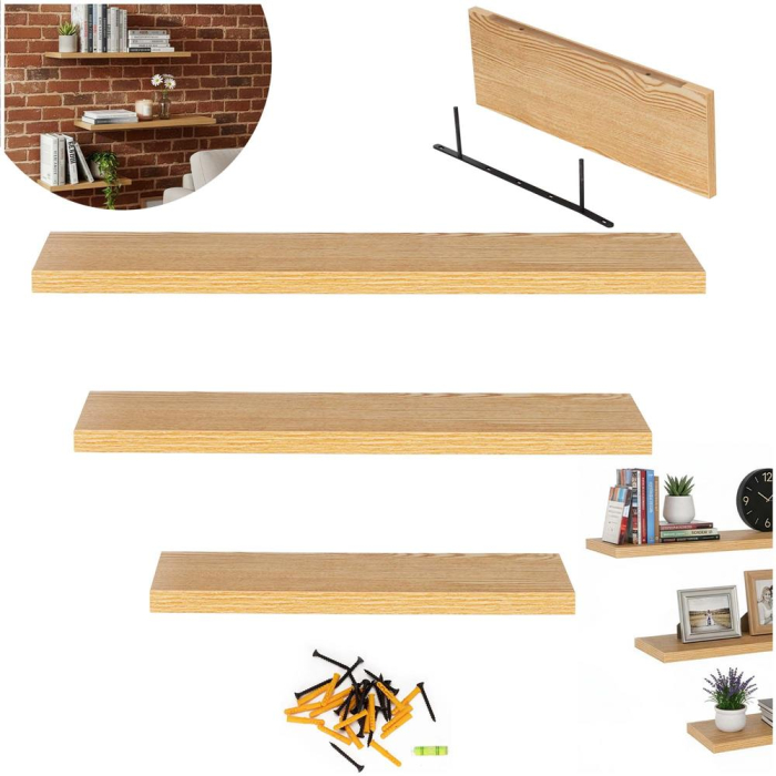 Set 3 rafturi plutitoare perete mdf suport metalic 30 45 60 cm, 15 cm adancime, design modern, maro [6]