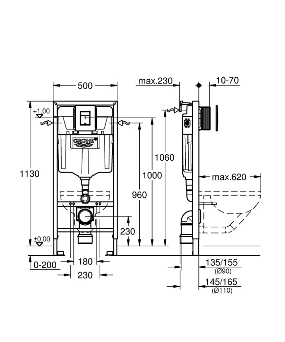 Set 3in1 cadru WC Grohe 388112430, 1130 mm, 500 mm, 90, 110 mm, 2 moduri spalare, incastrat, uscata, otel [2]