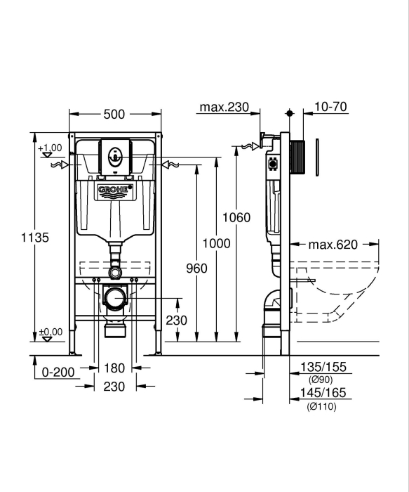 Set 3in1 cadru WC Grohe 39883000, 1130 mm, 500 mm, 90, 110 mm, 2 moduri spalare, incastrat, uscata, crom [5]