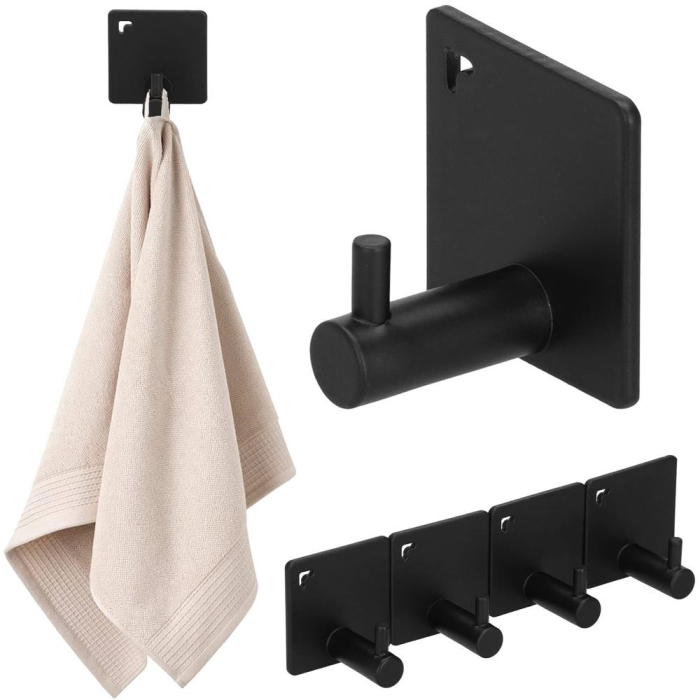Set 4 agatatori tip cuier pentru baie, sistem fixare inclus, aluminiu, negru [12]