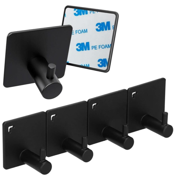 Set 4 agatatori tip cuier pentru baie, sistem fixare inclus, aluminiu, negru [13]