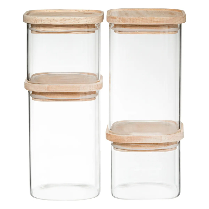 Set 4 borcane depozitare ermetice 5Five, sticla borosilicata si capac lemn, transparent [1]