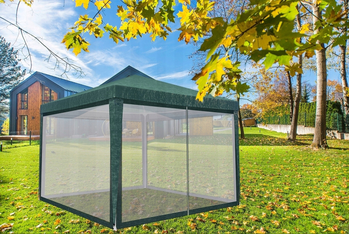 Set 4 pereti pentru pavilion gradina cu plasa tantari si acoperis, material PE 100 g/m2, 300x200 cm, verde [9]