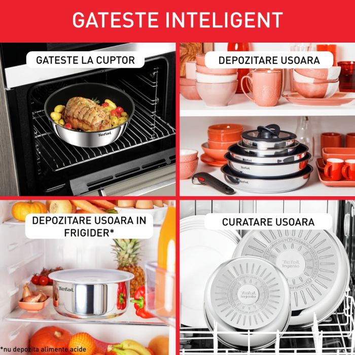 Set 4 piese Tefal Ingenio Emotion L8964S55, oale de 16 / 18 / 20 cm, maner detasabil rezistent, inductie, argintiu [3]